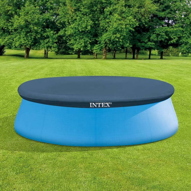 Laad afbeelding in galerijtoner, Blauw rond afdekzeil van Intex op een blauw rond bad dat buiten in de tuin staat