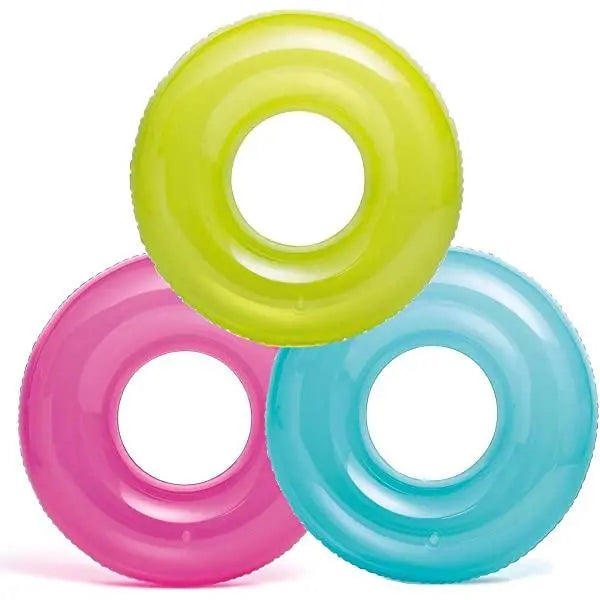 Laad afbeelding in galerijtoner, Drie levendige Intex Neon Frost Zwemband zwembadringen in groen, roze en blauw overlappen elkaar.