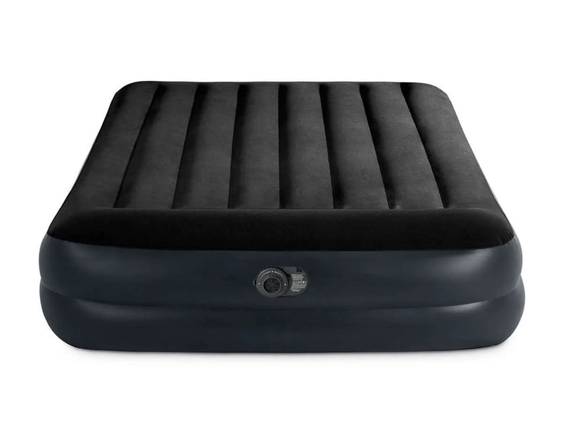 Laad afbeelding in galerijtoner, Een zwart Intex Pillow Rest Raised Tweepersoons Luchtbed met een ingebouwde pomp