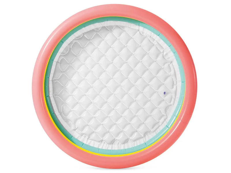 Laad afbeelding in galerijtoner, Een kleurrijk opblaasbaar kinderzwembad van Intex met roze, geel en groene ringen en een witte bodem