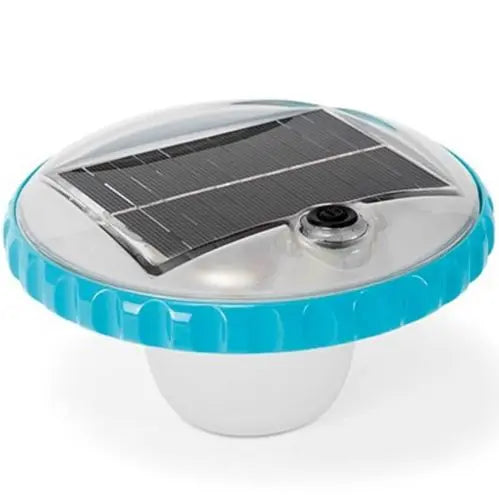 Laad afbeelding in galerijtoner, De Intex Solar Drijflicht van Intex is een ronde, drijvende solar zwembadlamp met een blauwe rand, een zonnepaneel aan de bovenkant en een aan-/uitknop. Ideaal voor jacuzzi's of zwembaden voor ontspannende avonden.