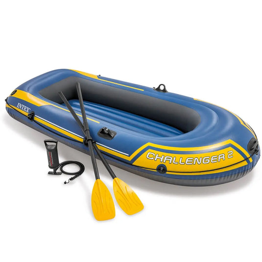 Blauw met gele Intex Challenger 2 opblaasboot met twee peddels en een pomp