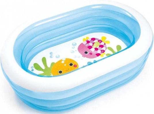 Blauw met wit ovalen opblaasbaar Intex zwembad met twee cartoon vissen afgebeeld op de bodem
