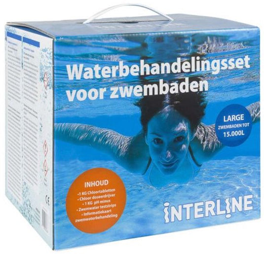 Blauwe kartonnen doos van Interline waterbehandeling starterset