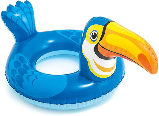 De Intex Zwemband Dier van Intex is een blauwe opblaasbare zwemband in de vorm van een toekan, met gele snavel en blauwe vleugels