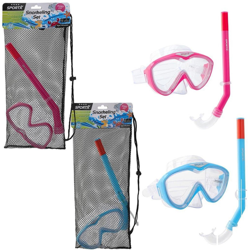 Laad afbeelding in galerijtoner, Een blauwe en een roze snorkelset van SportX beide zowel uit als in de verpakking
