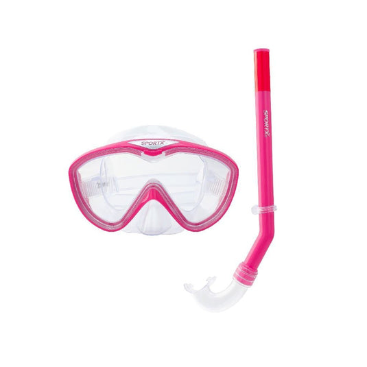 Een roze snorkelset bestaande uit een duikbril en een snorkel van SportX