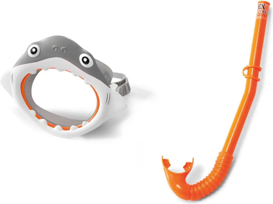 Een grijze duikbril in de vorm van een haai en een oranje snorkel van Intex