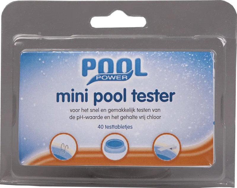 Laad afbeelding in galerijtoner, Pool Power Zwembadreiniging Mini Tester van Pool Power in plastic verpakking, gelabeld voor het meten van pH-waarde en vrije chloor in het zwembad, bevat 40 testtabletjes.
