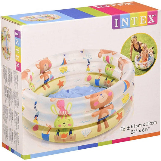 Rond opblaasbaar Intex zwembad voor baby's met beertjes afgedrukt op de rand in een kartonnen verpakking