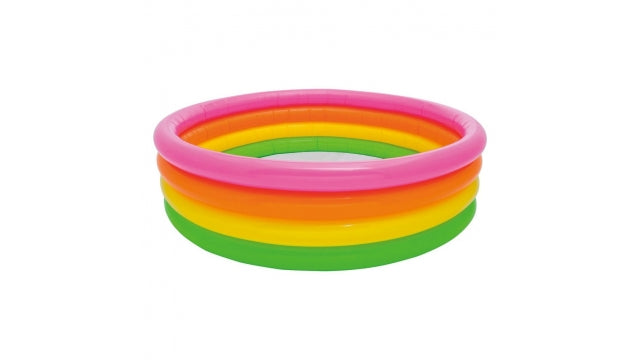 Laad afbeelding in galerijtoner, Rond opblaasbaar kinderzwembad Intex Sunset Glow met een groene, gele, oranje en roze band
